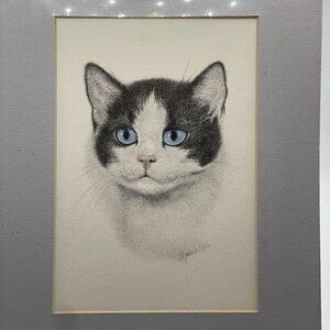 New Virginia Miller Signed Charcoal Cat Print Matted Amer Short Hair Blue Eyes